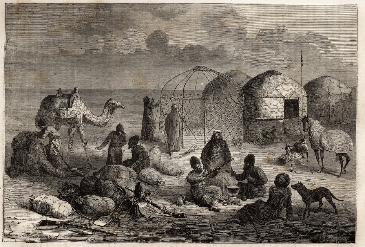 Campo turcomanno al confine tra Turkestan e Persia. Incisione per illustrare la storia di Henri de Blocqueville 