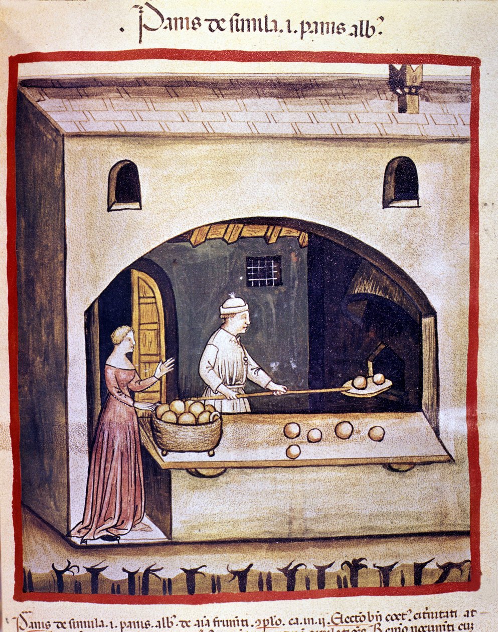 Un fornaio prepara pane bianco e pane di semola. Miniatura dal trattato di medicina e dietetica 