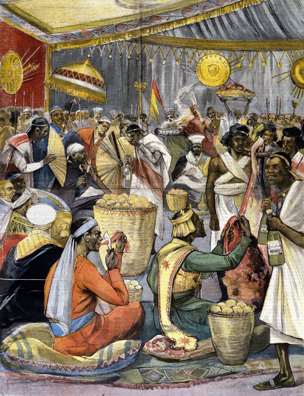 Un banchetto alla corte del Re Menelik II (1844 - 1913) in Etiopia. Illustrazione per la stampa della fine del XIX secolo. da Unknown artist
