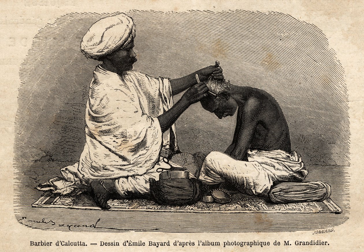 Un barbiere che lavora per strada a Calcutta. Incisione per illustrare il viaggio nelle province meridionali dell