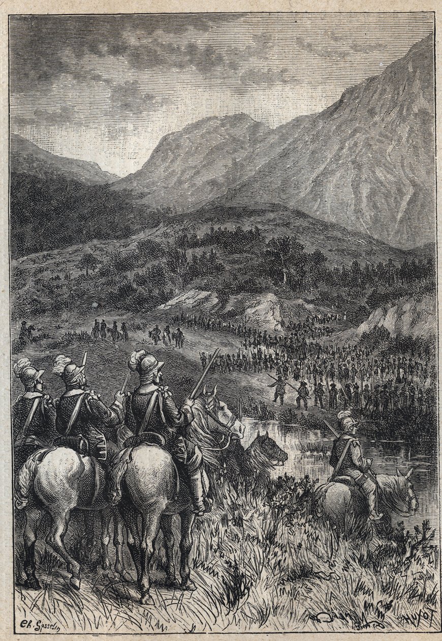 Un campo di battaglia - illustrazione del XIX secolo per il romanzo storico "I Puritani di Scozia" (Old Mortality) di Walter Scott (1771-1832) da Unknown artist