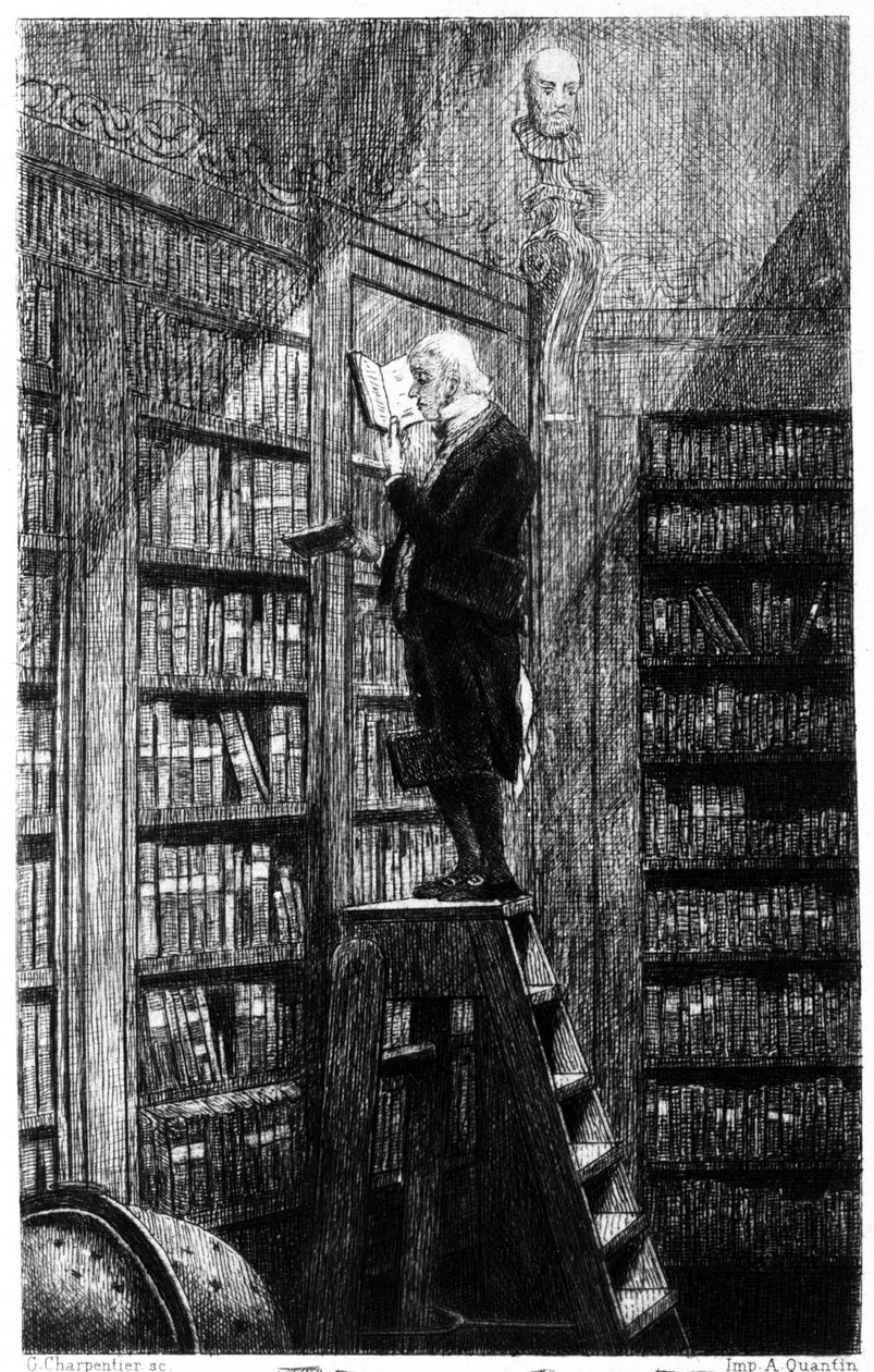 Un bibliotecario sulla sua scala che esamina i libri sugli scaffali. Incisione del XIX secolo da Unknown artist