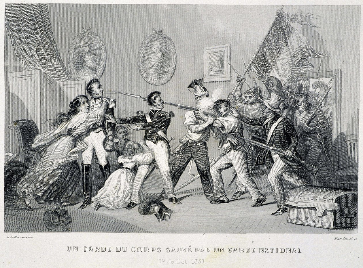 Una guardia del corpo salvata da una guardia nazionale (29 luglio 1830) - in "Fasttes de Gardes nationales de France" da Unknown artist