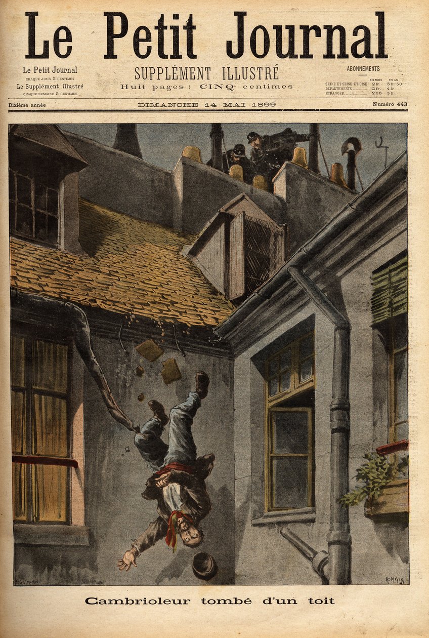 Un ladro cade dai tetti di Rue Notre Dame a Nazareth, nella sua precipitazione per fuggire davanti agli agenti di polizia. Incisione in "Le petit journal" 14/5/1899. Collezione Selva da Unknown artist