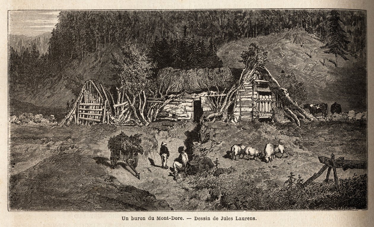 Un buron di Mont-Dore (Mont Dore), un edificio situato nei pascoli di montagna della Francia centrale, opera stagionalmente, utilizzato per fare formaggio da maggio a ottobre e per ospitare le mucche. Incisione per illustrare il viaggio ai vulcani della Fr da Unknown artist