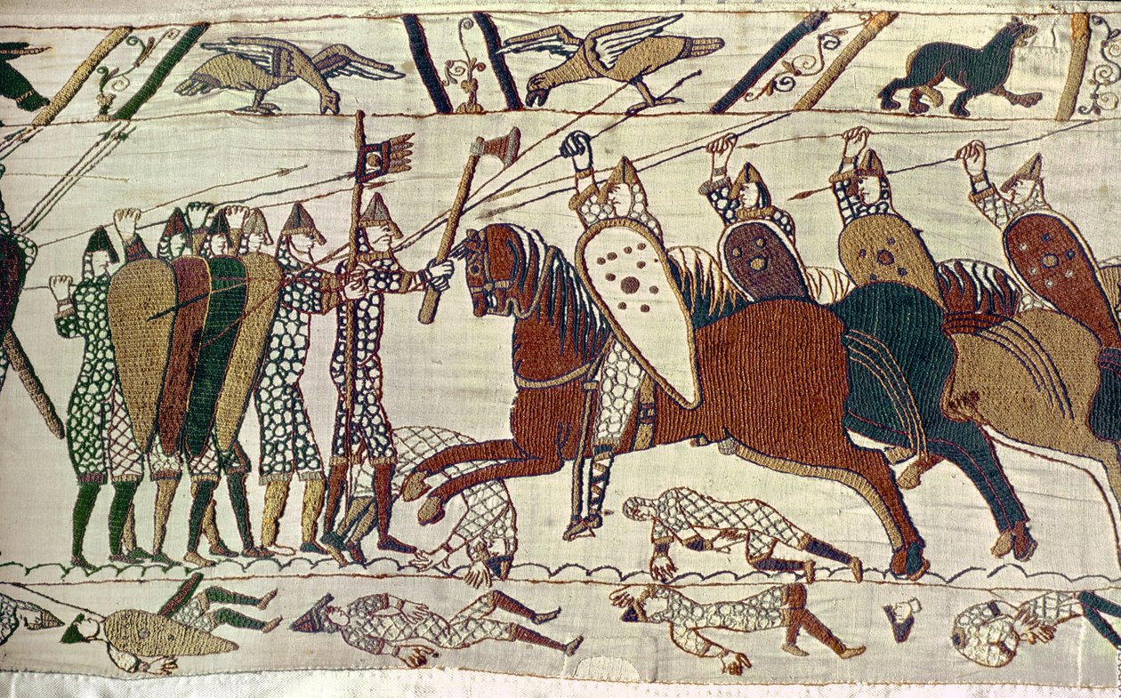 Un attacco di cavalleria. Arazzo di Bayeux, ricamo (arazzo) da Unknown Artist