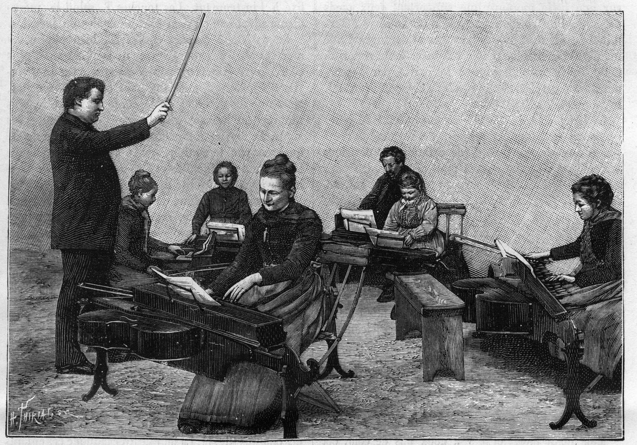 Un concerto di monocordi eseguito da ragazze. Incisione in "La Nature. Revue des sciences et de ses applications aux arts et à l