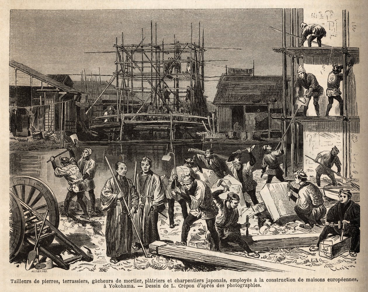 Un cantiere per una casa europea a Edo (Tokyo) con tagliapietre, terrassieri, gacheers di malta, intonacatori e carpentieri impiegati lì. Incisione per illustrare il viaggio in Giappone, di Aime Humbert, ministro della Confederazione Svizzera, nel 1863-18 da Unknown artist