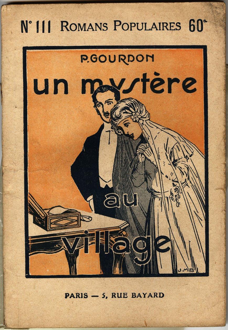 Una coppia di giovani spose scopre una lettera che fa la gioia della moglie ma sorprende molto il marito. Illustrazione di copertina per il romanzo popolare "Un mystere au village" di P. Gourdon, edizione bonne presse, Parigi 1923. Collezione Selva. da Unknown Artist