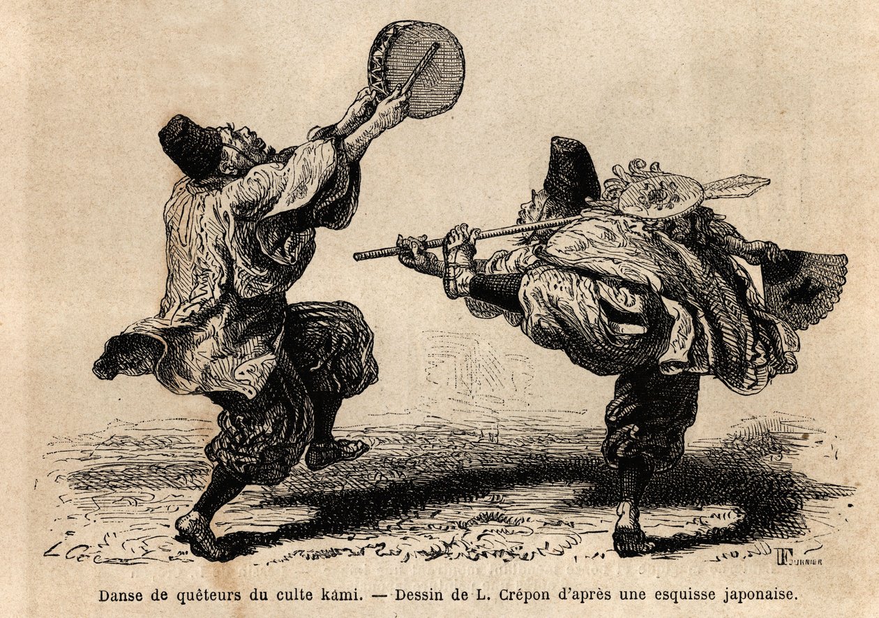 Una danza della confraternita del culto Kami, con recitazione di litanie e figure coreografiche inaspettate. Incisione per illustrare il viaggio in Giappone, di Aimé Humbert, ministro della Confederazione Svizzera, nel 1863-1864, pubblicato in "le tour du  da Unknown artist