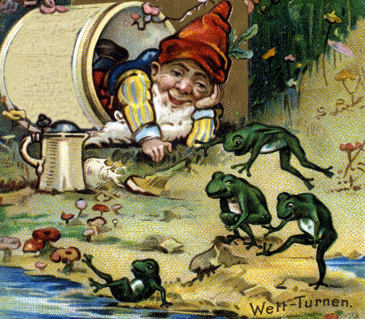 Un nano o farfadet che gioca con le rane. Cromolitografia del XIX secolo da Unknown artist