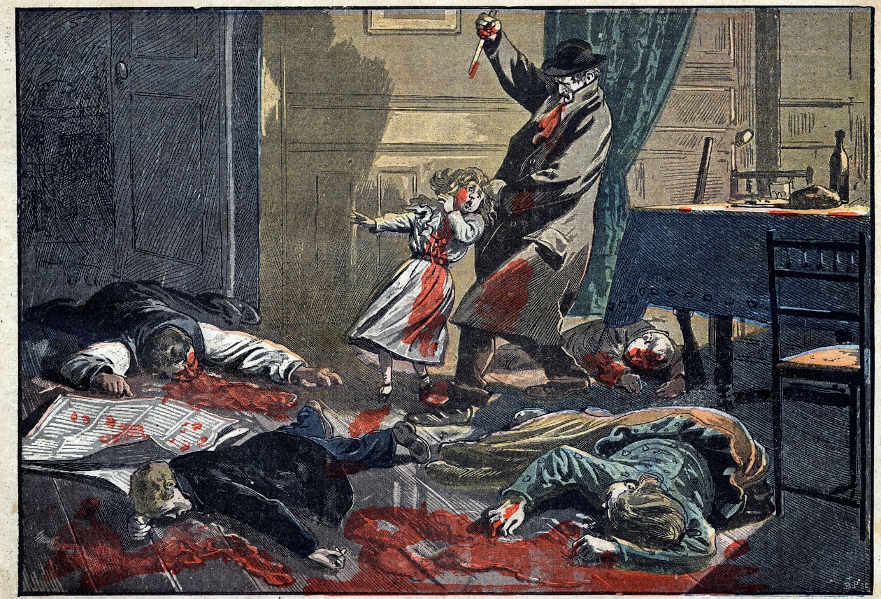 Una famiglia assassinata: omicidio della famiglia Leblond da parte di Caillard, un forsennato, a Nassandre, vicino a Bernay. Illustrazione in "Le Pelerin" del 10 aprile da Unknown artist