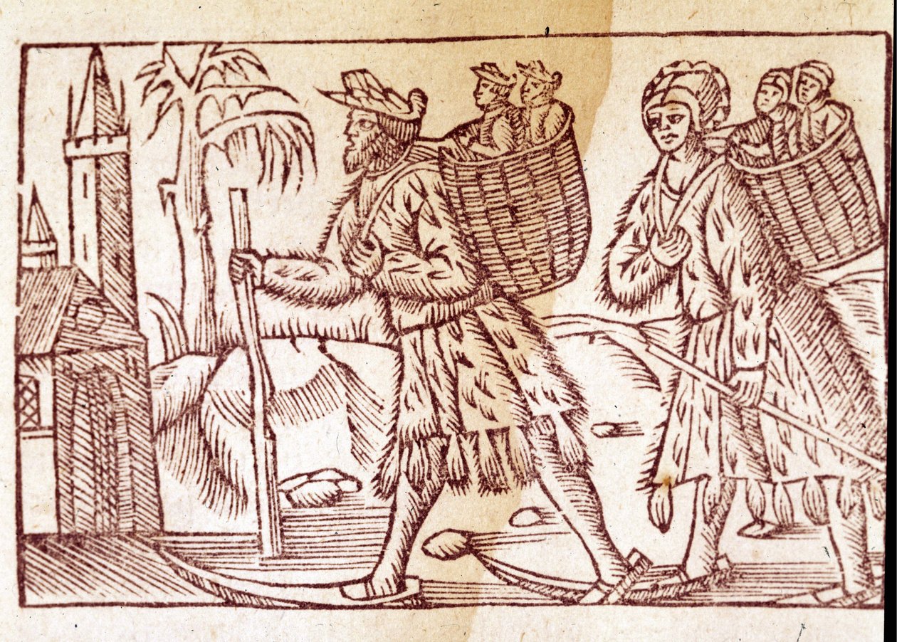 Una famiglia di norvegesi che viaggia sugli sci. Incisione di Olaus Magnus (1490 - 1557), religioso e geografo svedese, Historia de Gentis Septentrionalibus, Venezia da Unknown artist