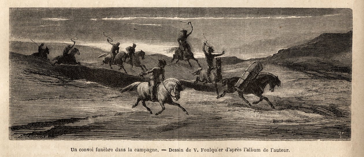 Un convoglio funebre nella campagna islandese, guidato da un cavallo che trasporta la bara, seguito da circa trenta persone e un branco di cani da Unknown artist