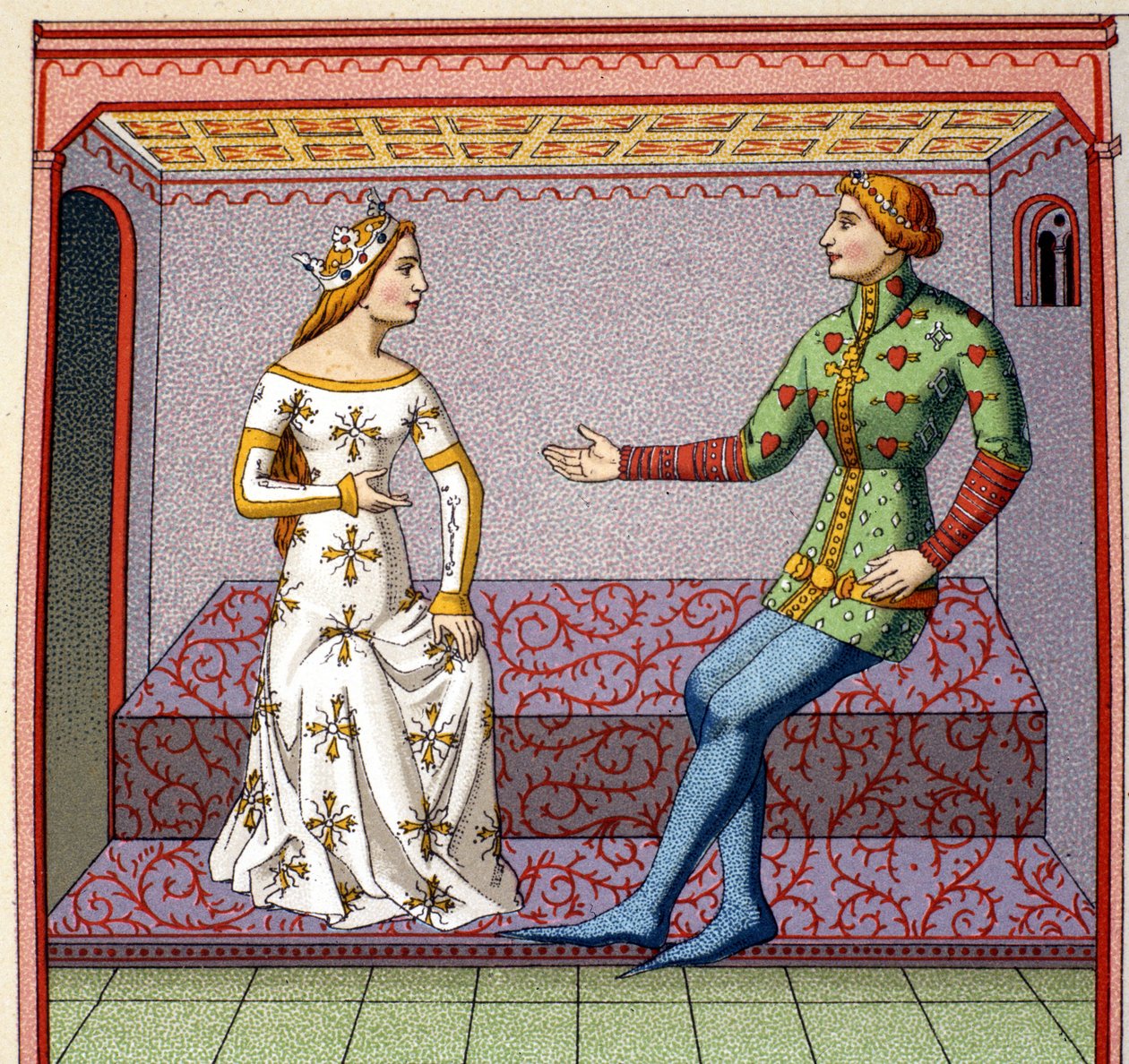 Una scena galante nel Medioevo: un giovane corteggia una principessa. Falso collegio da un manoscritto. 19° secolo. da Unknown artist