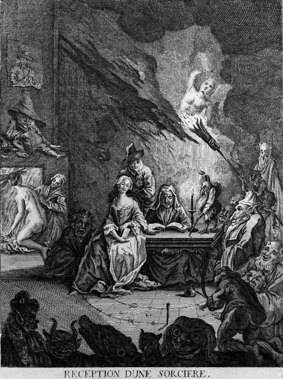 Una ragazza è ricevuta da una strega, circondata da creature mostruose (a una cerimonia di iniziazione?). Incisione del XVII secolo da Unknown artist