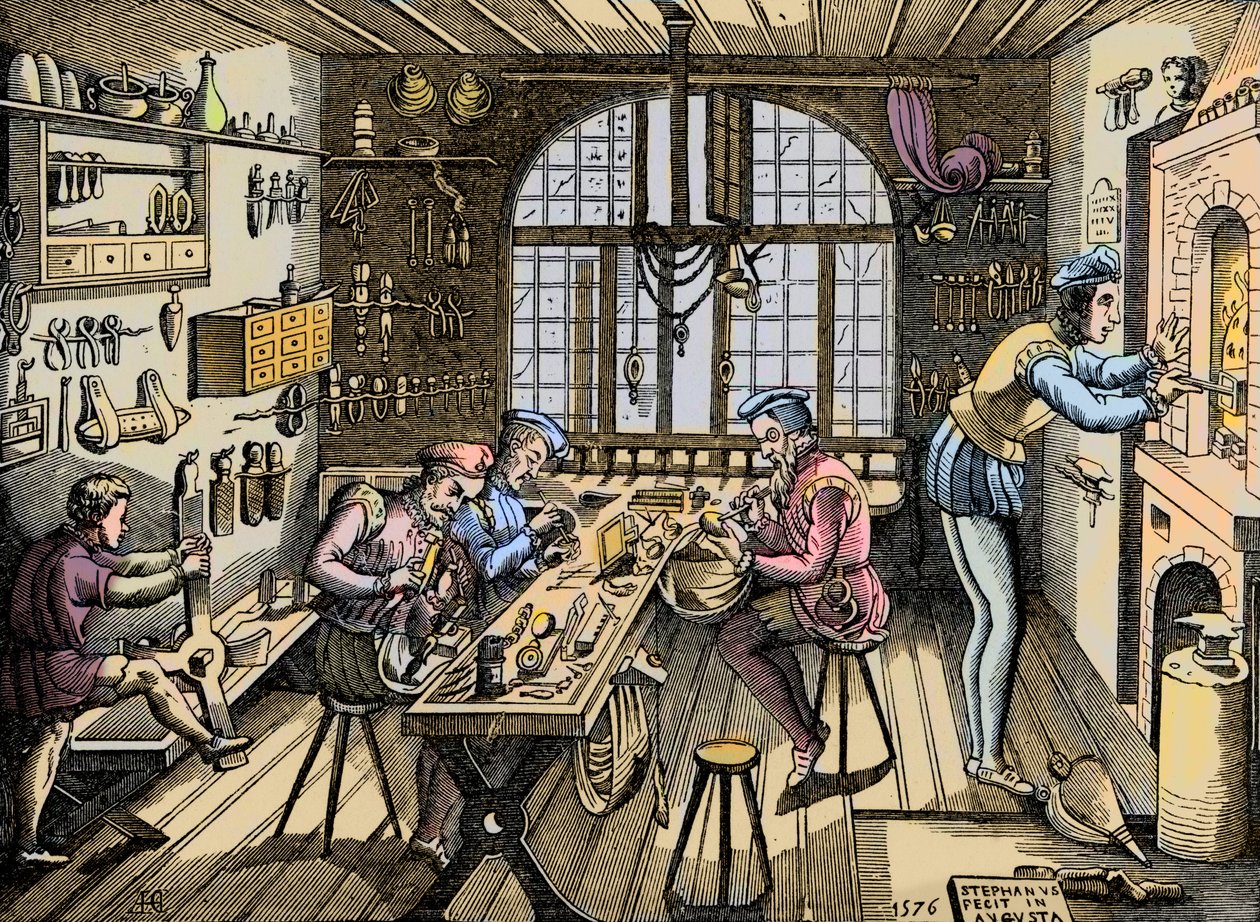 Laboratorio di un orafo - Artigianato: vista del laboratorio di Etienne Delaune (1518-1583), orafo, incisore francese. Incisione da un originale del 1576. Laboratorio di Etienne Delaune, orafo a Parigi da Unknown artist
