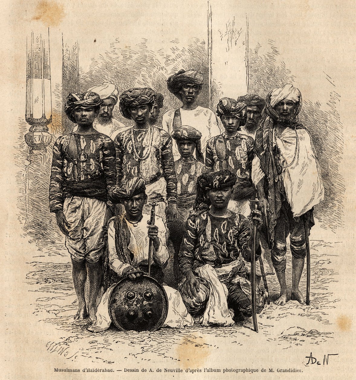 Un gruppo di uomini musulmani a Haiderabad, Pakistan. Incisione per illustrare il viaggio nelle province meridionali dell