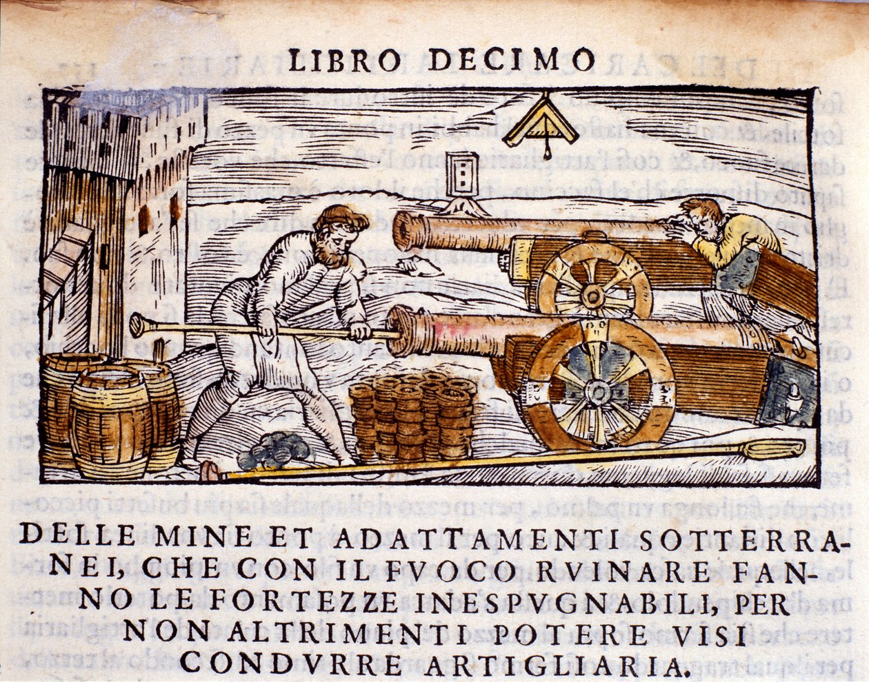 Un artigliere carica un cannone con esplosivi. Incisione dalla metallurgia "De la Pyrotechnia" di Vannoccio Biringuccio. 1550 da Unknown artist