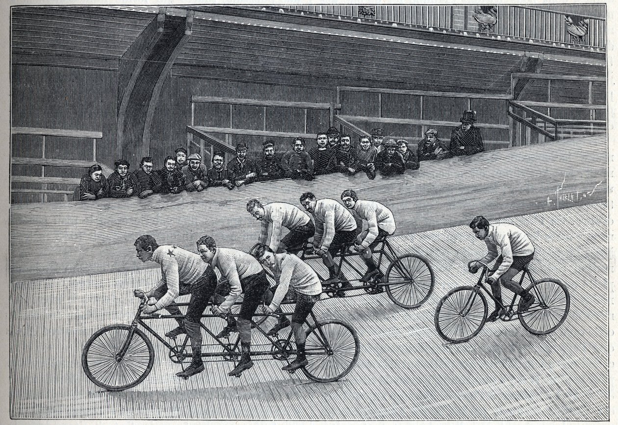 Un ciclista recordman con i suoi allenatori su treni tripli su una pista ciclabile. Incisione in "La Nature" da Unknown artist