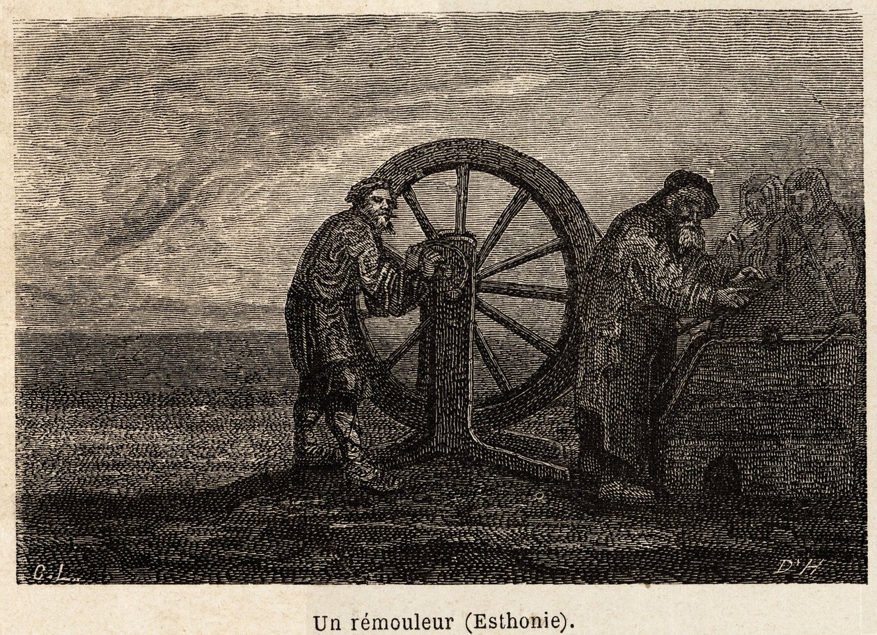 Un traslocatore in Estonia. Disegno di Henriet per illustrare il suo viaggio nelle province baltiche russe nel 1851-54. Incisione in "Le tour du monde", a cura di Edouard Charton da Unknown artist