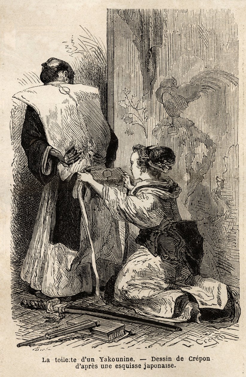 La toilette di un samurai, una giovane domestica la aiuta a legare il kimono. Incisione per illustrare il viaggio in Giappone, nel 1863-1864, di Aime Humbert, ministro della Confederazione Svizzera, in 