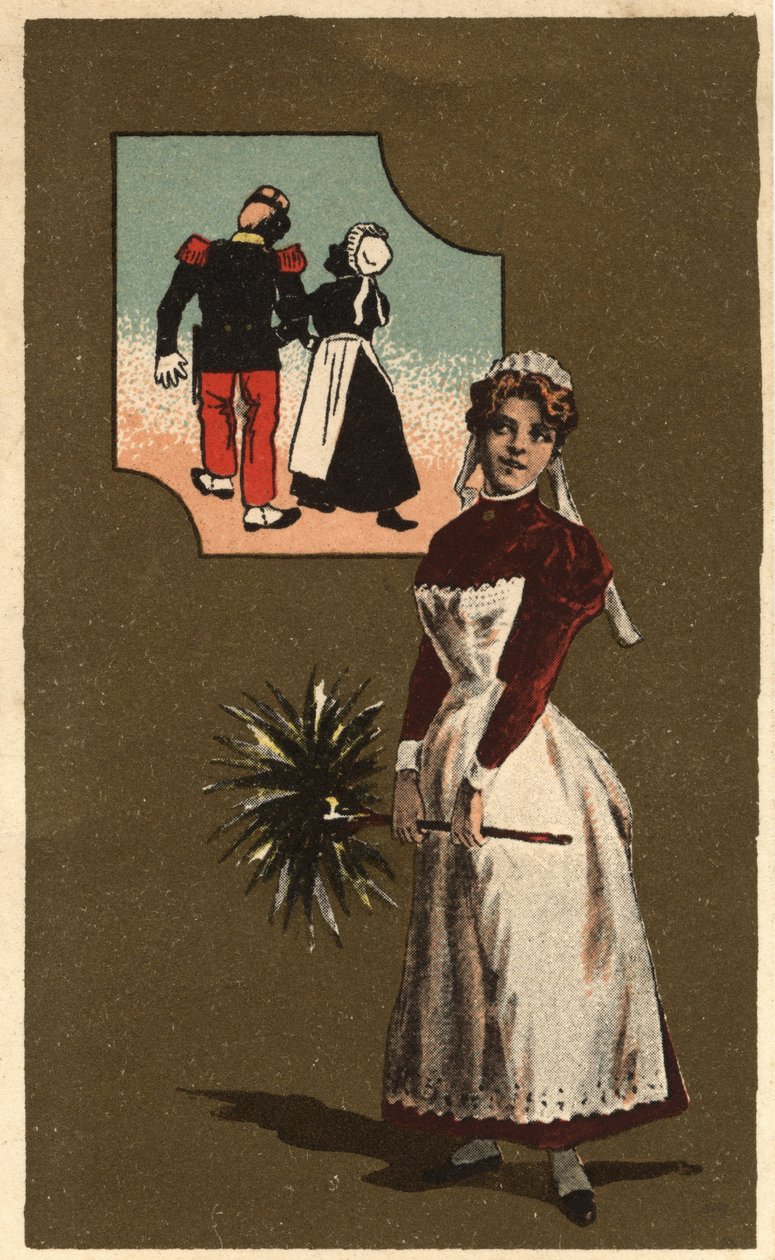 Una domestica con una piuma. Sogna il braccio di un bel soldato. Cromolitografia anonima, fine XIX secolo. da Unknown artist