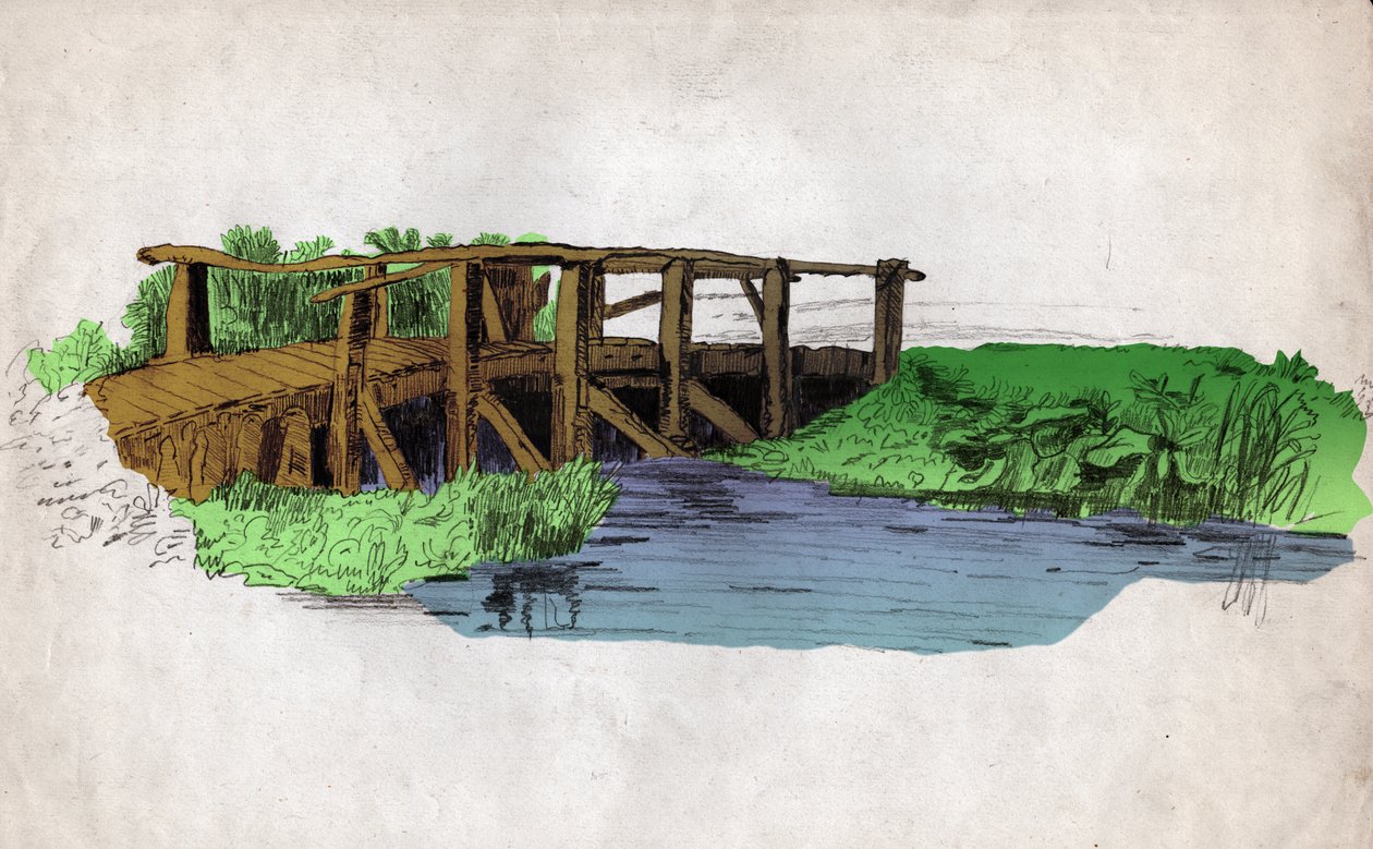 Un piccolo ponte di legno su un fiume da Unknown artist