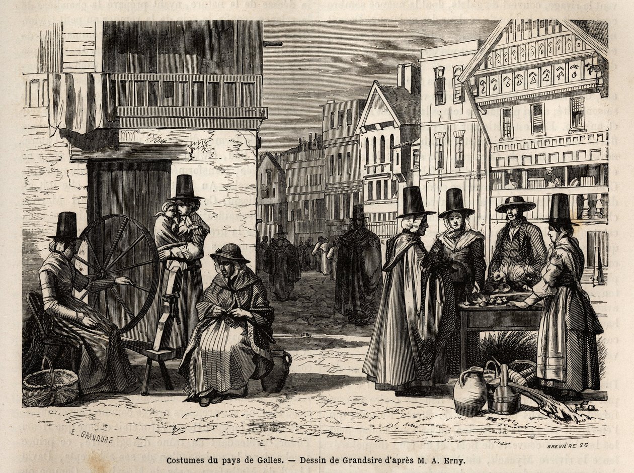Una strada in Galles, con abitanti vestiti in costumi tradizionali e attività quotidiane: una famiglia di prima mano e donne che filano lana con ruote. Incisione per illustrare un viaggio nel paese di Galles, nel 1862, di Alfred Erny, in "Le tour du monde, da Unknown artist