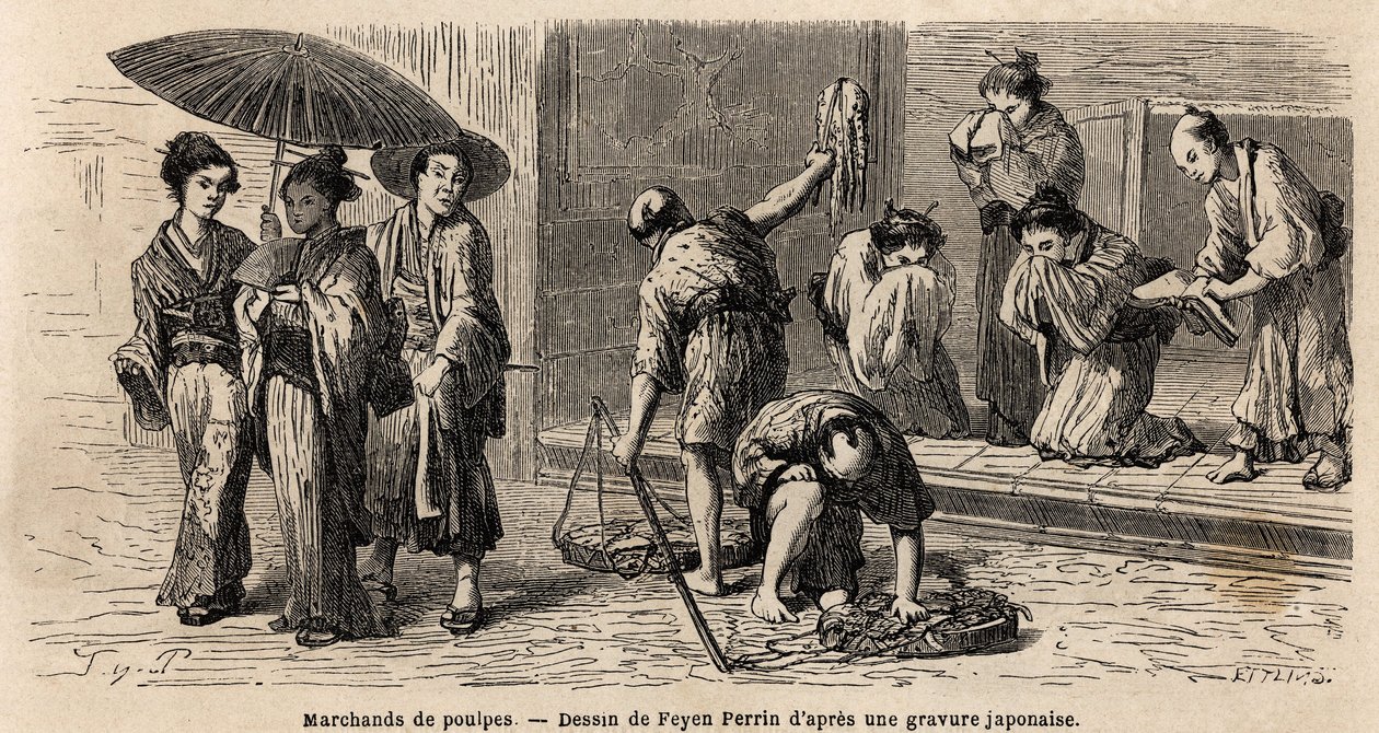Un venditore ambulante di polpi offre i suoi prodotti ai passanti, sulla via Edo (o via Yedo, ora Tokyo) da Unknown artist
