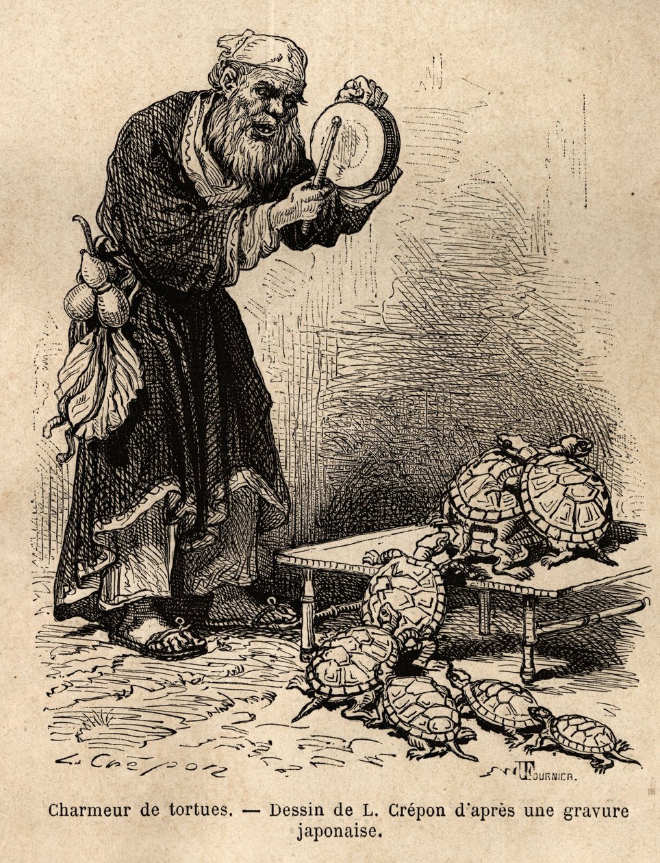Un incantatore di tartarughe, incisione per illustrare il viaggio in Giappone di Aime Humbert, ministro della Confederazione Svizzera, 1863-1864 da Unknown artist