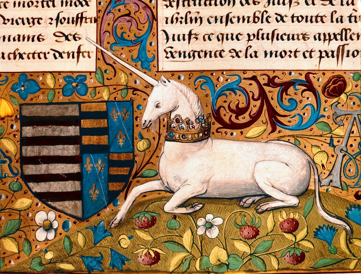 Un unicorno e uno stemma. Dettaglio di una pagina di manoscritto del XV secolo - Chantilly, Museo Condé da Unknown artist