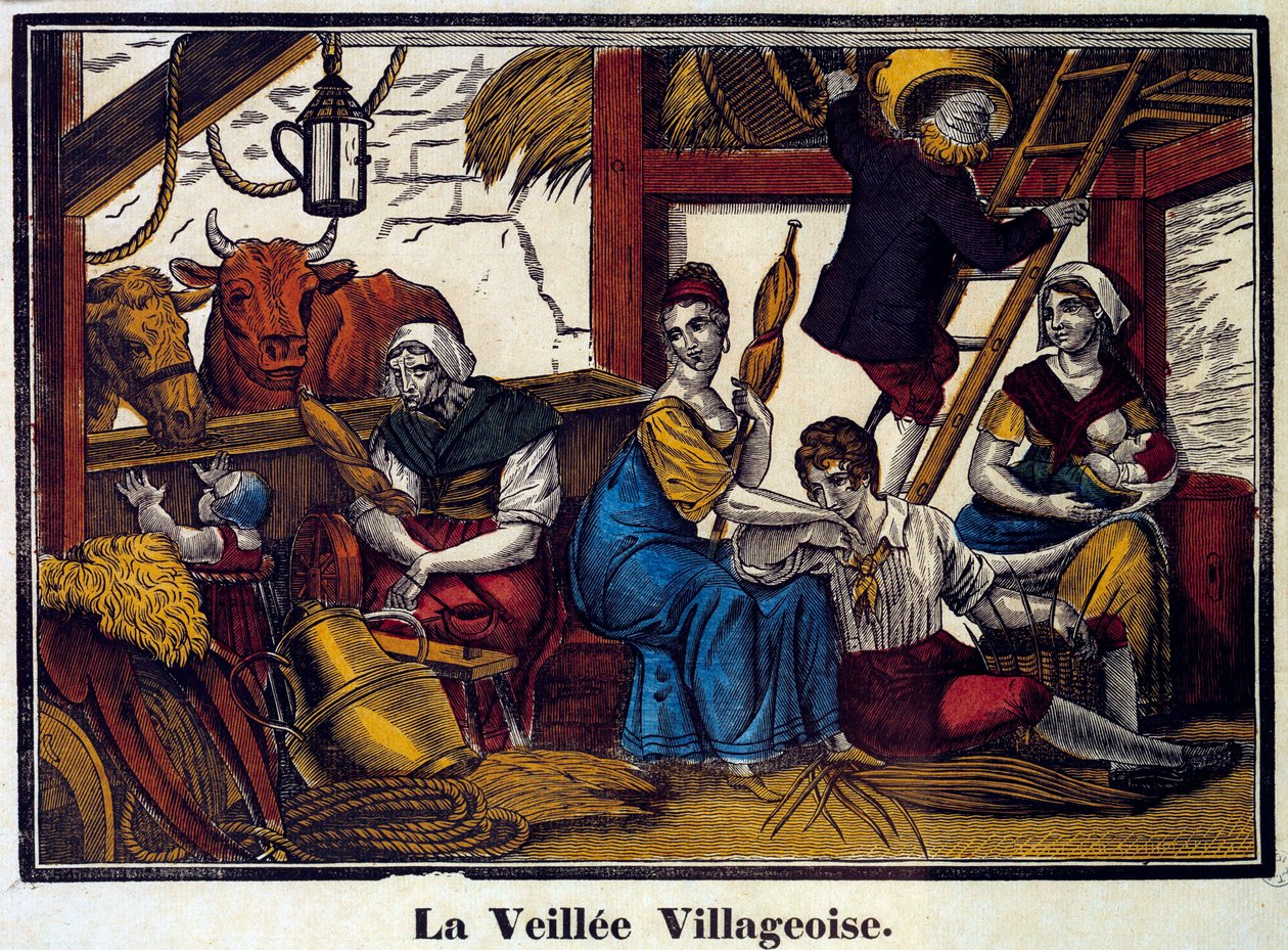 Una notte di vita di villaggio: una famiglia di contadini in un fienile da Unknown artist