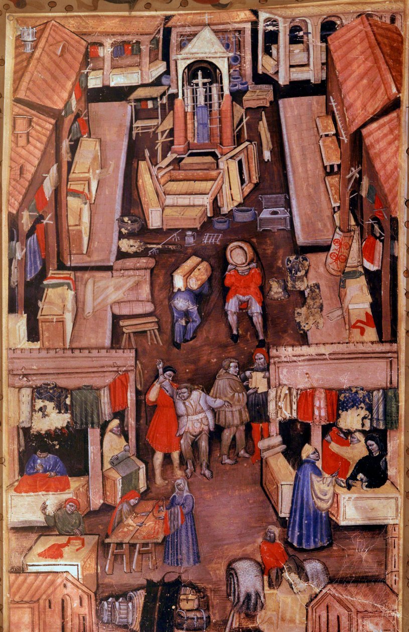Una passeggiata: drappieri, sarti, commercianti di abbigliamento in una città francese. In alto, costruzione di una chiesa Miniatura da un manoscritto del XV secolo da Unknown artist