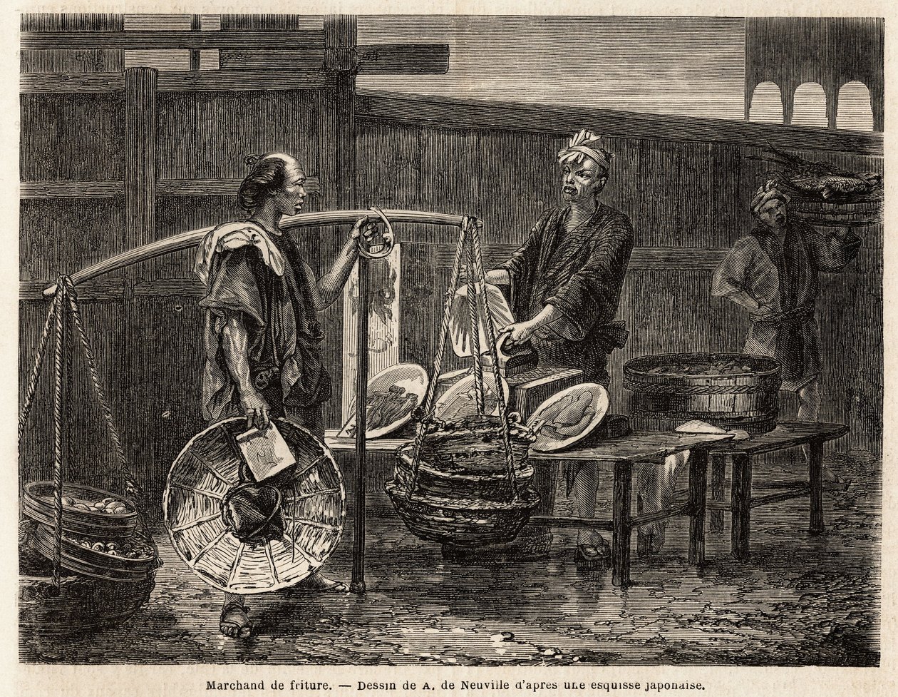 Un venditore ambulante di frittelle, porta i suoi ciambelle in cesti e si reca al mercato per vendere, agli altri commercianti, il pranzo. Incisione per illustrare il viaggio in Giappone, nel 1863-1864, di Aime Humbert, ministro della Confederazione Svizze da Unknown artist