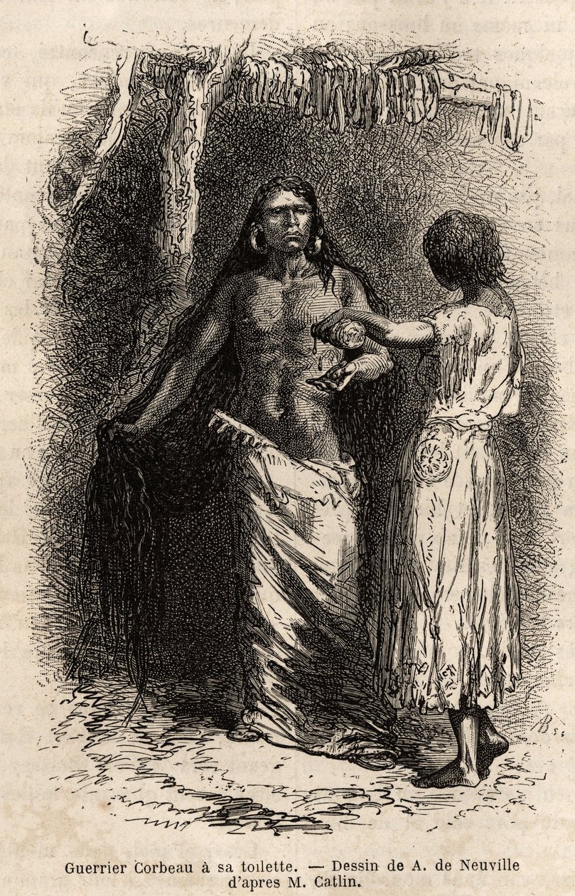 Un guerriero della tribù indiana dei Corvi, che vive lungo il fiume Lewis, fa la sua toilette. Incisione per illustrare un