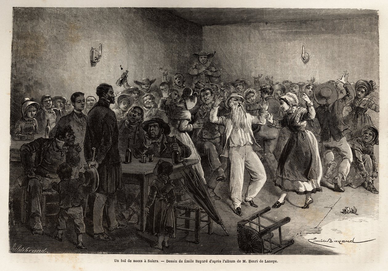 Un ballo di nozze a Salers, incisione per illustrare un viaggio ai vulcani della Francia centrale nel 1864, in 