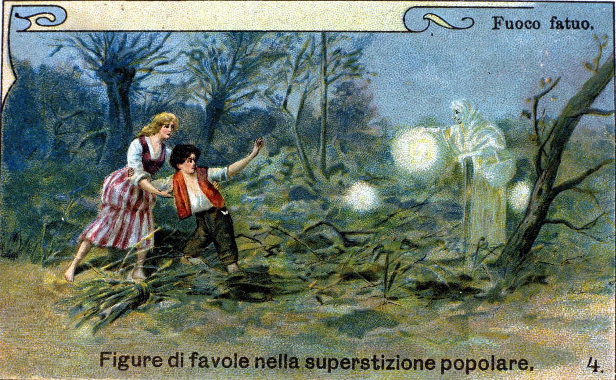 Un fuoco fatuo, una luce diffusa che si vede di notte vicino alle paludi e ai cimiteri, sarebbe uno spirito astuto della tradizione popolare. Cromolitografia del XIX secolo da Unknown artist