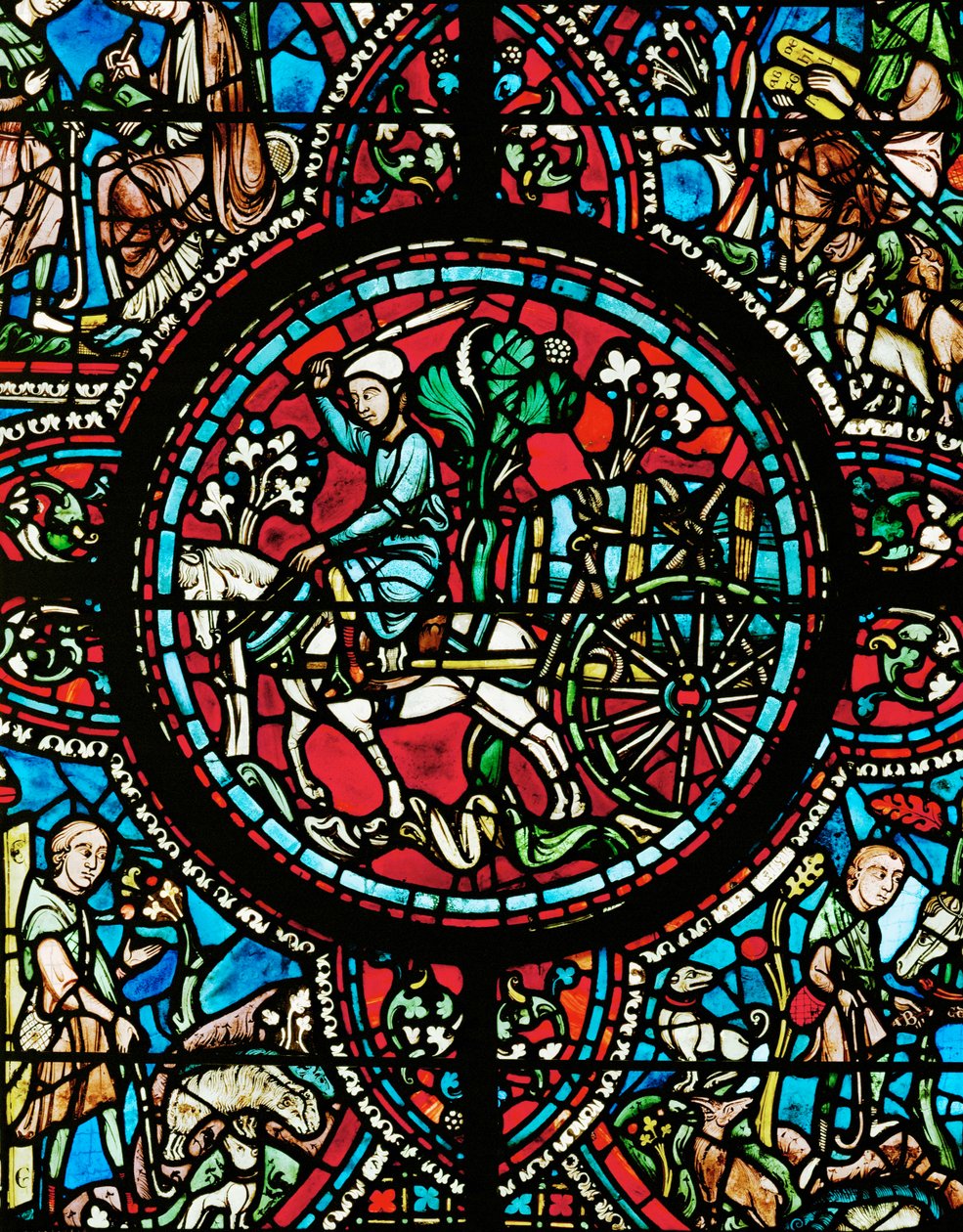 Un mercante di vino trasporta una botte di vino, legata al carro con una robusta corda (vetro colorato) da Unknown Artist