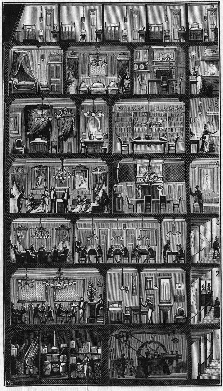Alloggio a Parigi - Sezione trasversale di un edificio Haussmann a Parigi nel 1885. Al piano superiore le buone stanze e negli altri piani, uffici, appartamenti e sala di ricevimento (riunione). Incisione in "La Natura. Rivista delle scienze e delle loro a da Unknown artist