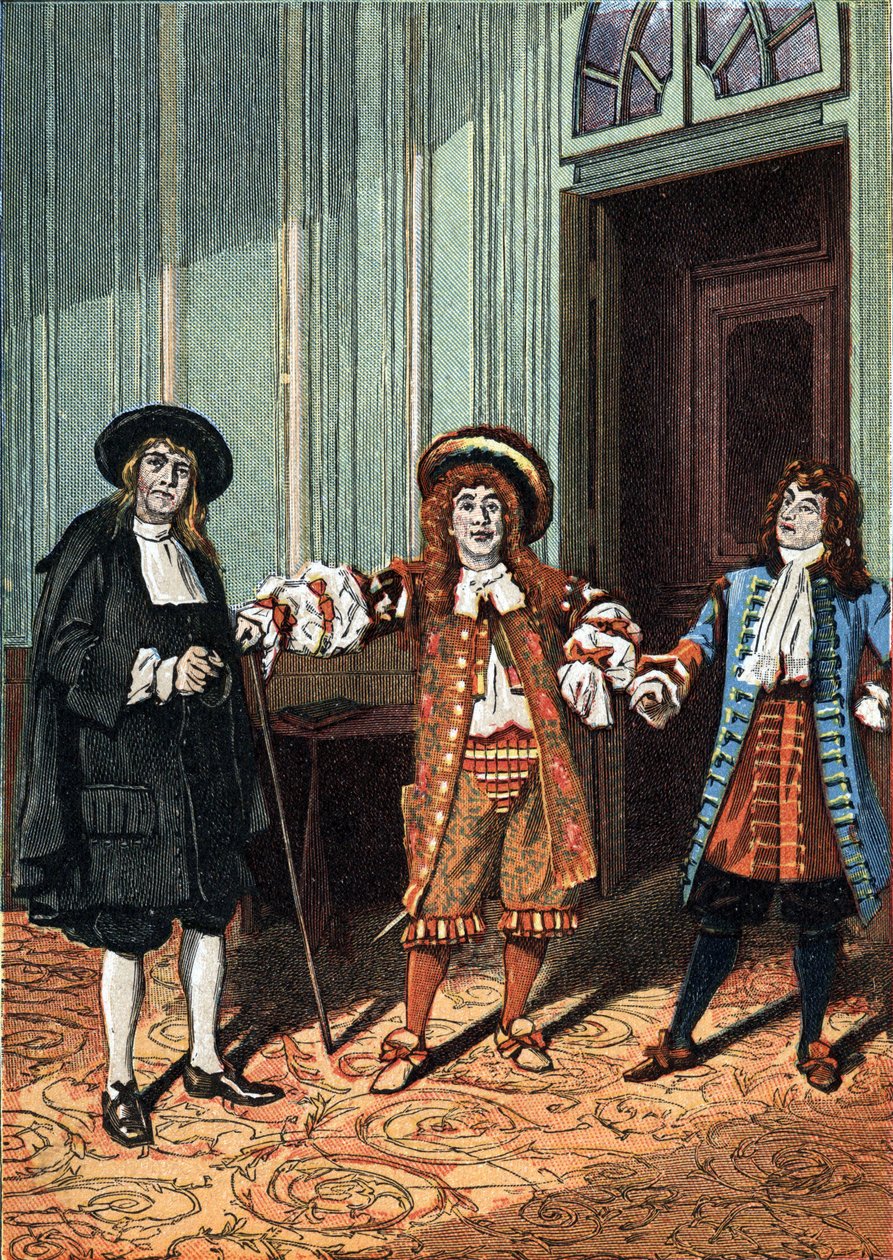 Atto II di "Le Bourgeois Gentilhomme" commedia-balletto in cinque atti in prosa di Molière. Il maestro filosofo (Mr. Lenoir), il maestro di danza (Mr. Truffier), Mr. Jourdain (Mr. Coquelin giovane). Intorno al 1890 da Unknown artist