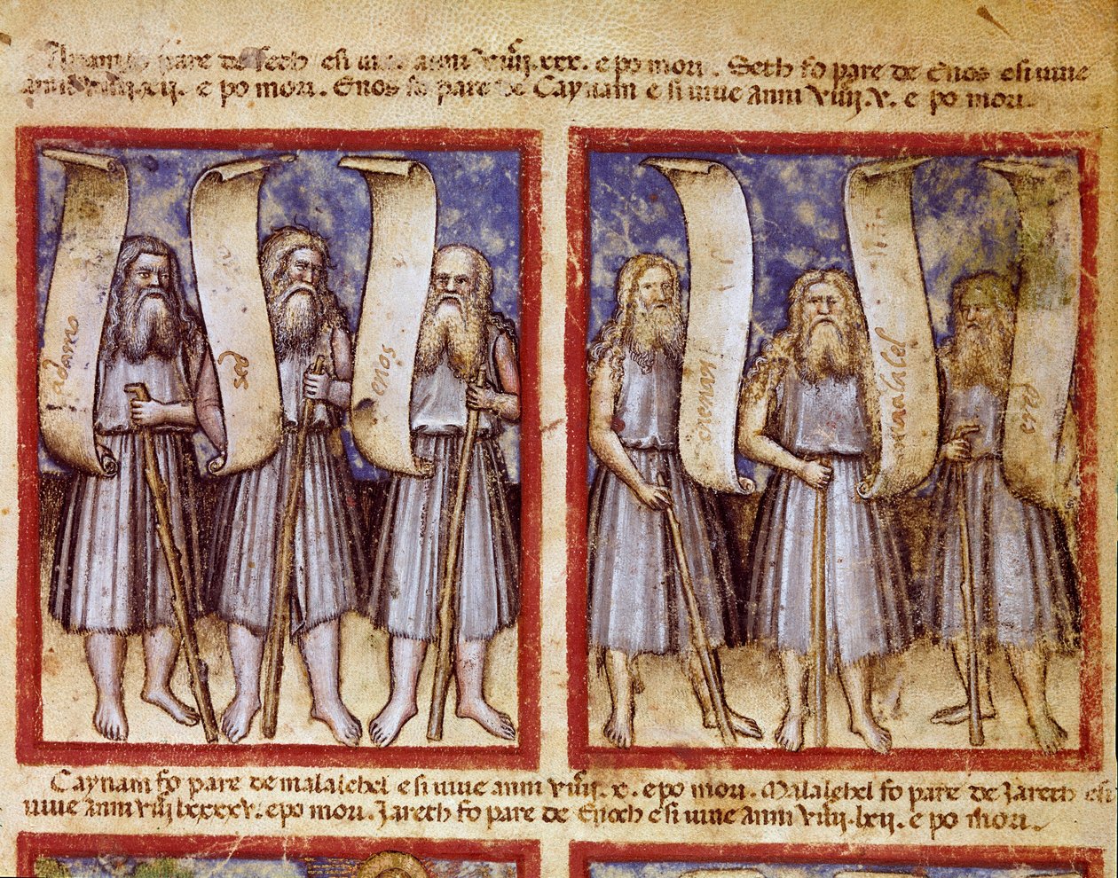 La genealogia di Adamo è seguita da Seth, Enoch (Henoch o Enosh) Kenan, Mahalalel (Mahalaleel) e Jared (o Yared), i grandi patriarchi della Bibbia Miniatura tratta dal codice 212 (o padovano o Bibbia di Padova) 1390-1400 da Unknown artist