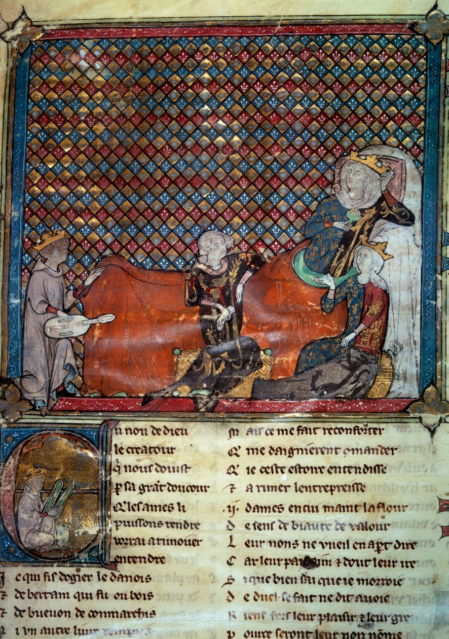 Adenet le Roi (circa 1240- circa 1300), poeta e menestrello, recita il romanzo di Cleomades davanti a Matilde di Brabante (1224-1288) e la Principessa Bianca di Castiglia da Unknown artist