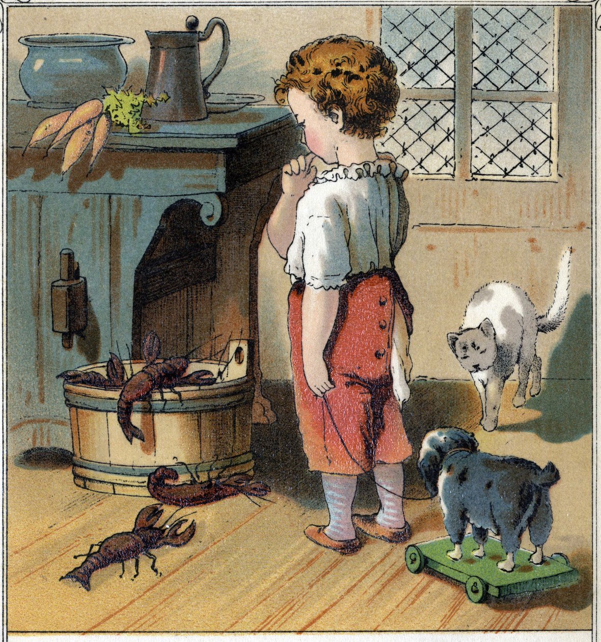 Adolphe, spinto dalla curiosità, approfitta di essere solo in cucina per avvicinarsi al secchio contenente i gamberi. Uno di loro gli afferra il dito con le chele e lo ferisce. Cromolitografia da "Scènes enfantines" ed. Guerin - Muller circa 1885 da Unknown artist