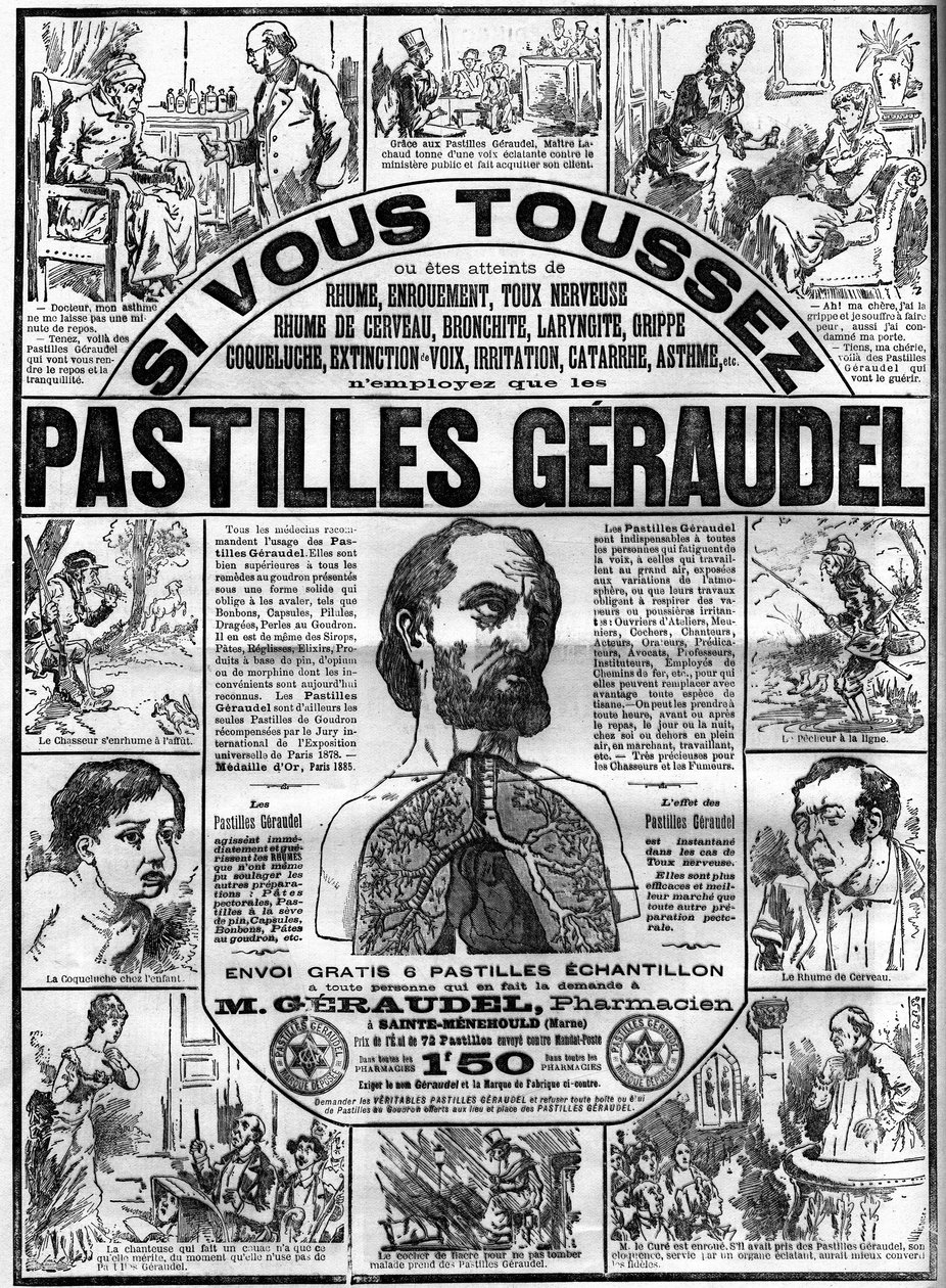 Pubblicità per le compresse Geraudel del farmacista Arthur Geraudel (1841-1906) a Sainte-Menehould contro la tosse. Incisione in "Le monde illustre" da Unknown artist