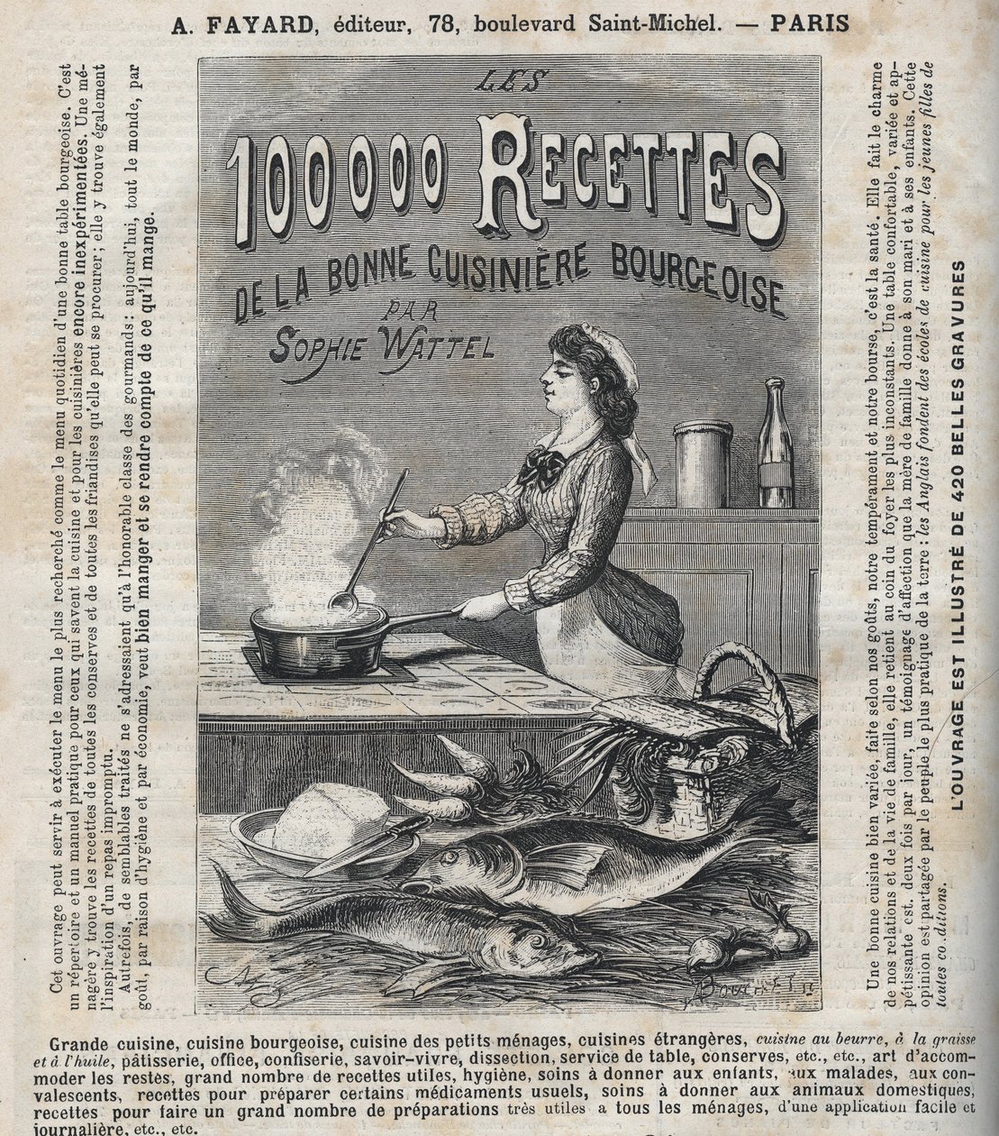 Pubblicità per il libro "Le centomila ricette della buona cuoca borghese" di Sophie Wattel da Unknown artist