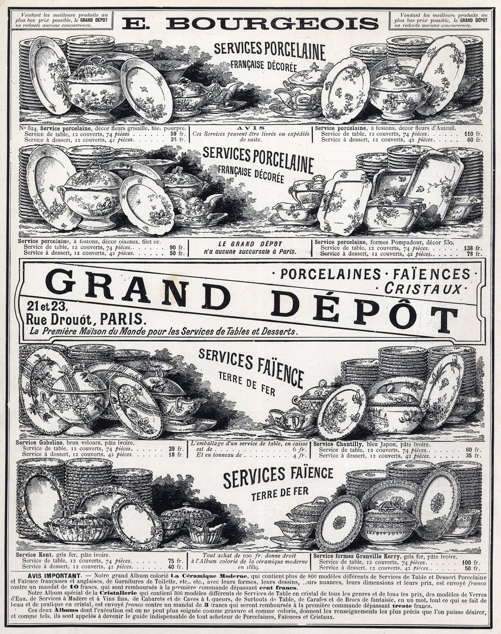 Pubblicità del 1889 per "La Ceramic Moderne By Le Grand Depot De Porcelaines, Faiences Et Verreries Bourgeois a Parigi" da Unknown artist