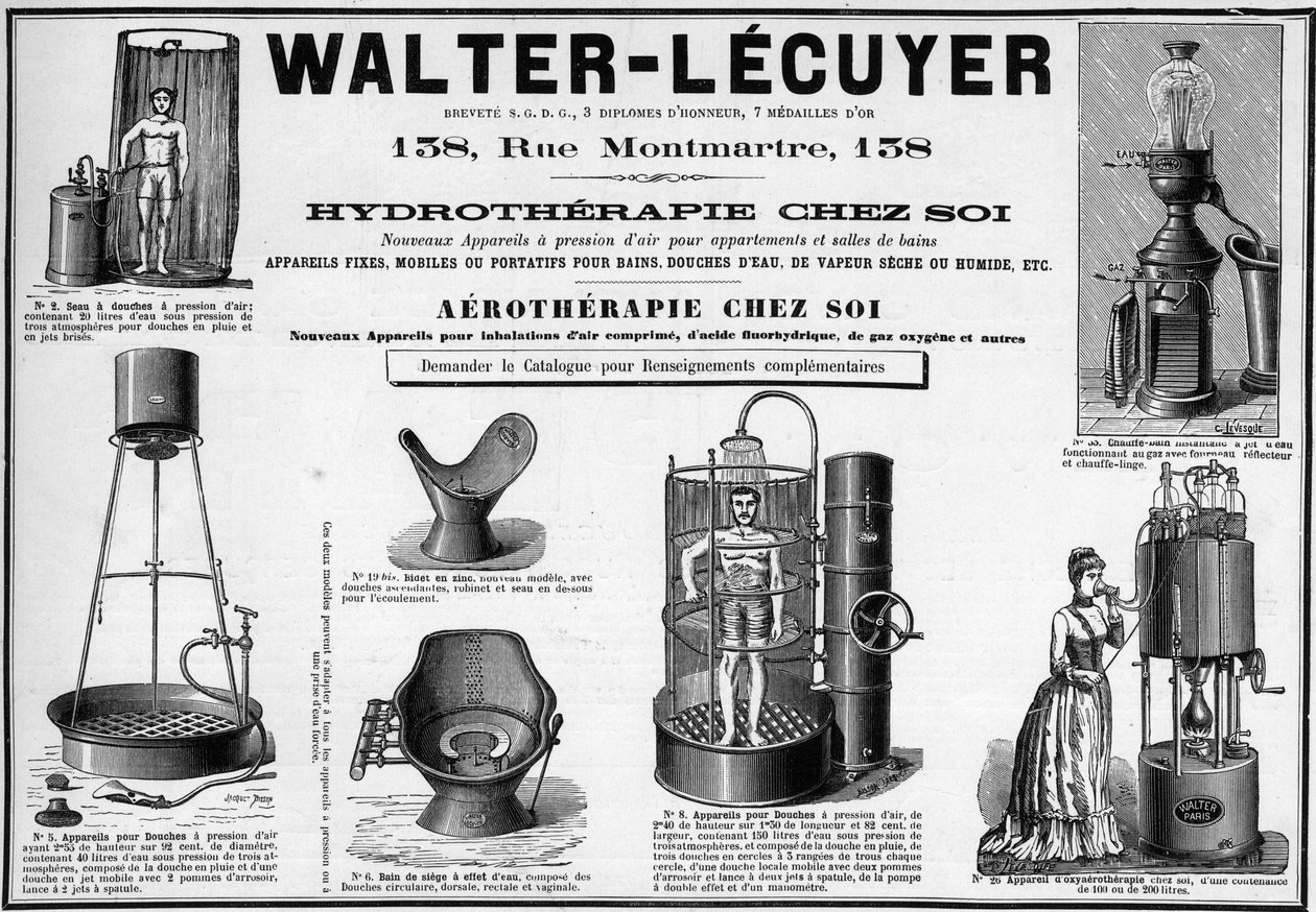 Pubblicità del 1889 per arredi mobili per bagni, docce d