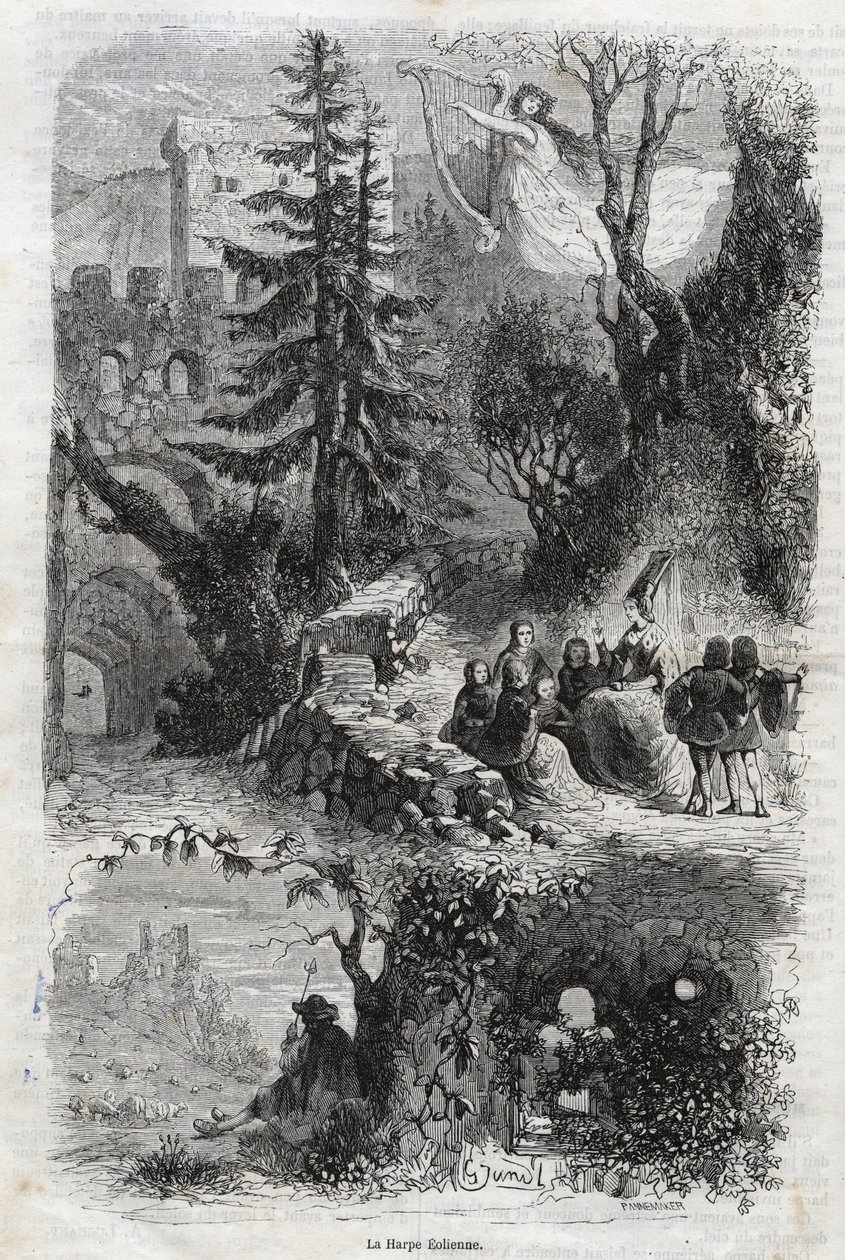 Arpa eolia - strumento musicale suonato dal vento - incisione del 1860 da Unknown artist