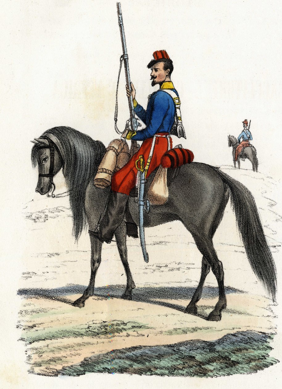 Cacciatore africano a cavallo, reggimento formato nel 1831 e presente in Algeria nel 1832. In 